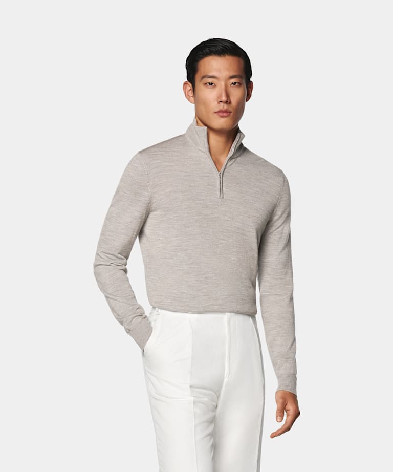 SUITSUPPLY Pure Wool Taupe Merino Half Zip