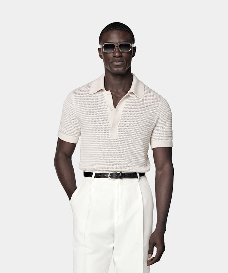 SUITSUPPLY Cotton Linen Silk Light Grey Crochet Polo