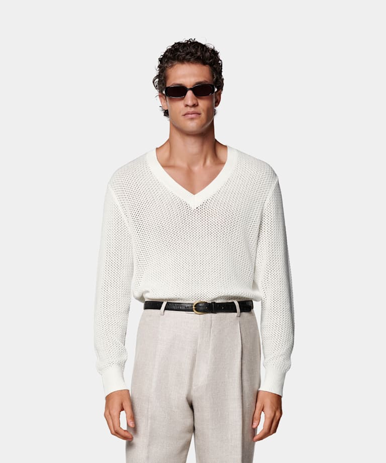 SUITSUPPLY Cotton Silk Off-White Crochet V-Neck
