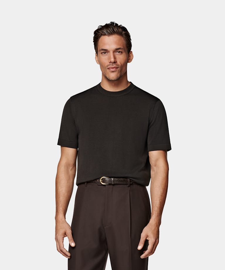 SUITSUPPLY Californian Cotton & Mulberry Silk Dark Brown Short Sleeve Crewneck