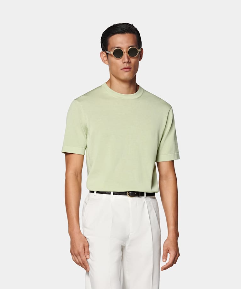 SUITSUPPLY Coton californien et soie de mûrier Col rond à manches courtes vert clair