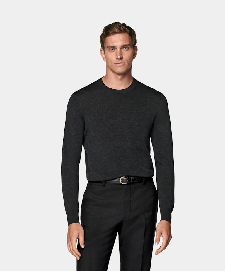 SUITSUPPLY Californian Cotton & Mulberry Silk Dark Grey Crewneck