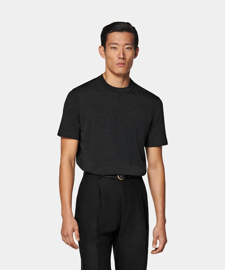 SUITSUPPLY Californian Cotton & Mulberry Silk Dark Grey Short Sleeve Crewneck