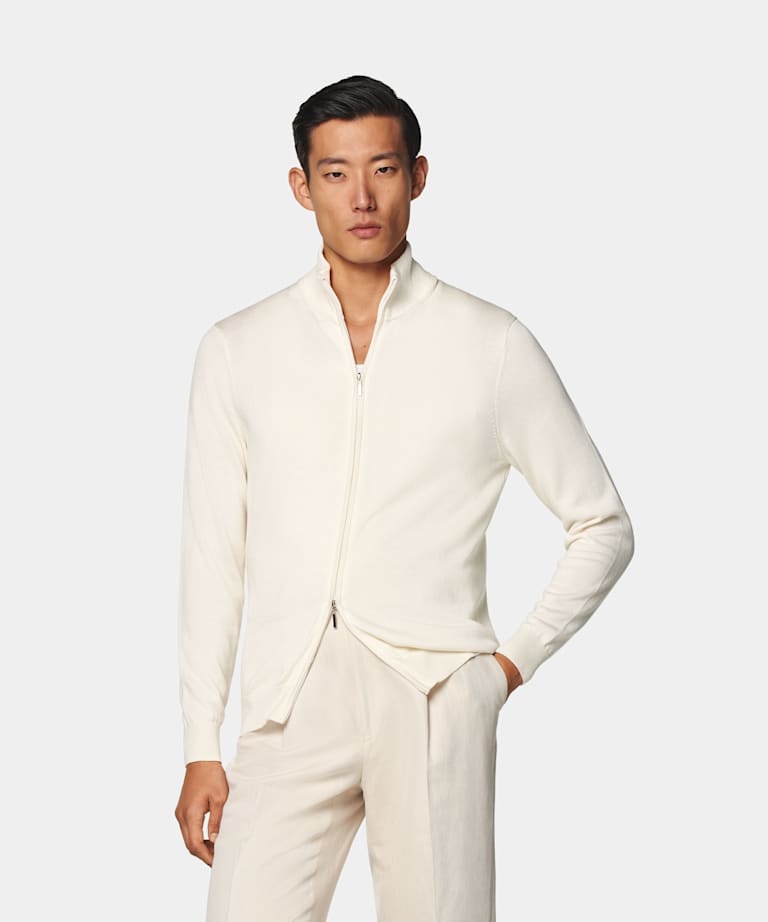 SUITSUPPLY Silk Wool Cashmere Off-White Zip Cardigan