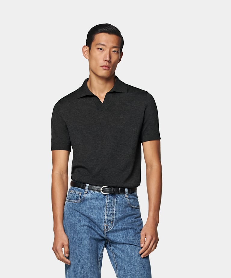 SUITSUPPLY Californian Cotton & Mulberry Silk Dark Grey Buttonless Polo
