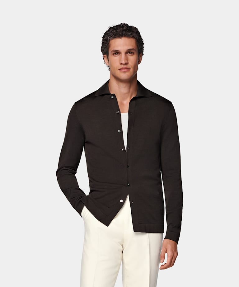 SUITSUPPLY Californian Cotton & Mulberry Silk Dark Brown Long Sleeve Polo Cardigan