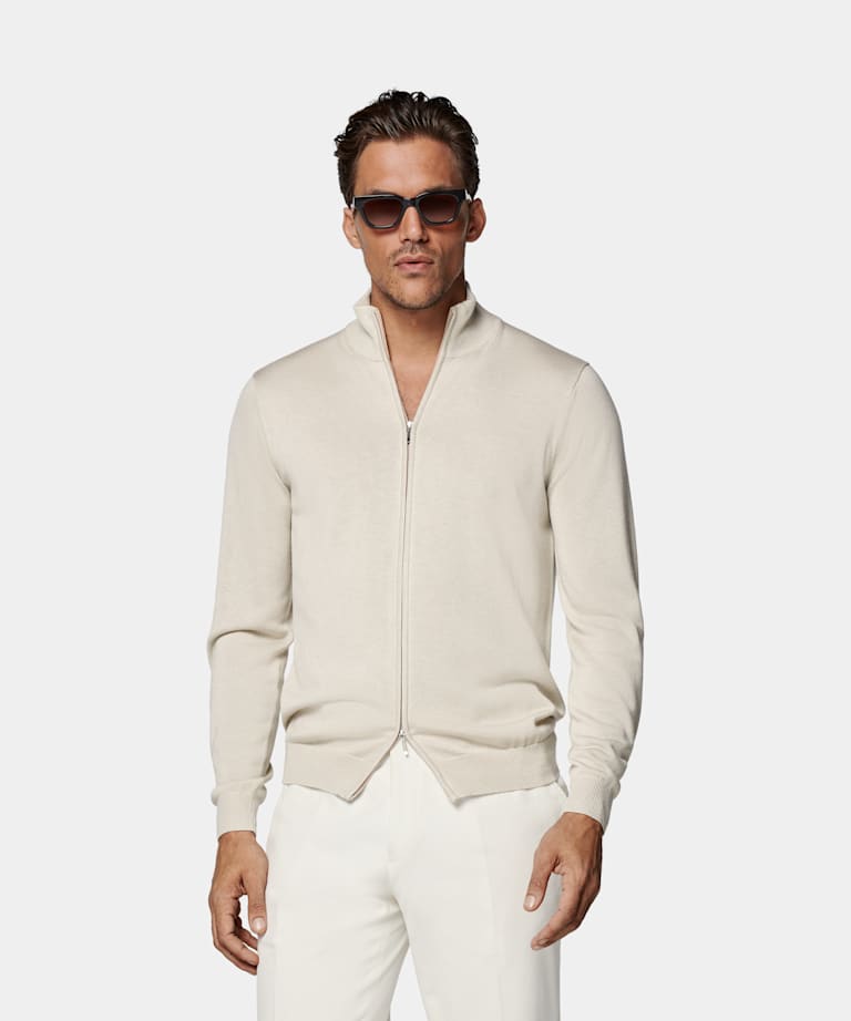 SUITSUPPLY Silk Wool Cashmere Sand Zip Cardigan