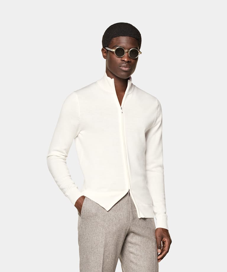 SUITSUPPLY Pure laine Cardigan zippé Merino blanc cassé