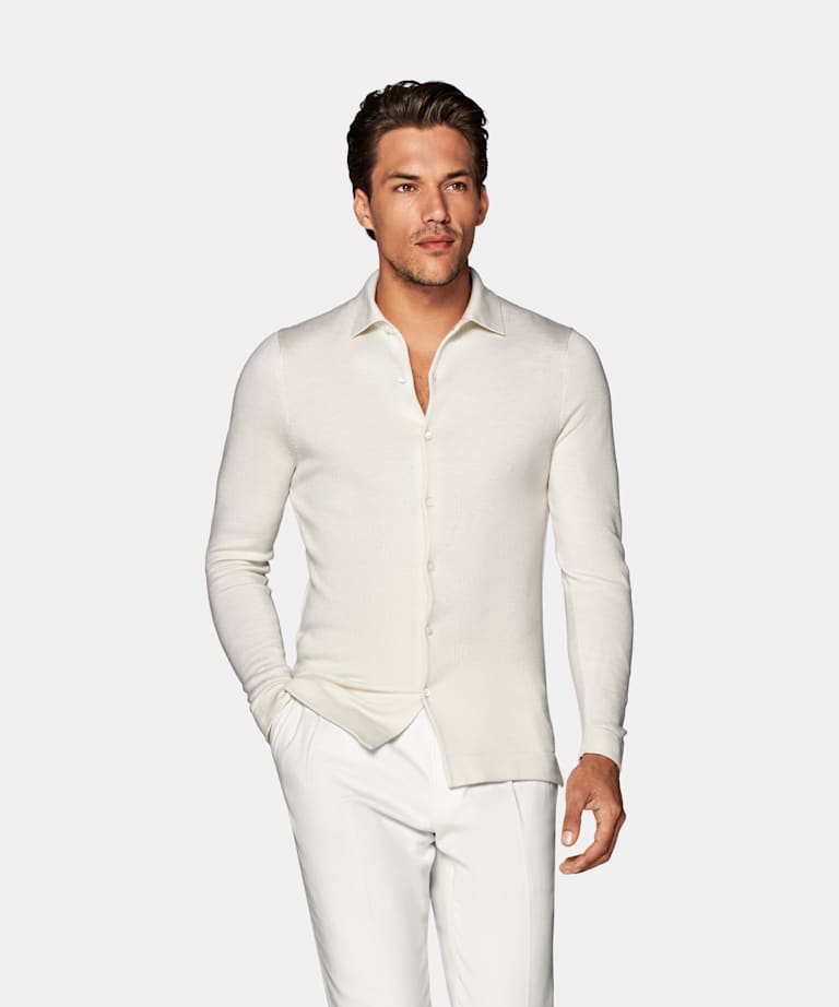 SUITSUPPLY Mulberry Silk, Australian Wool, Mongolian Cashmere Off-White Polo Cardigan