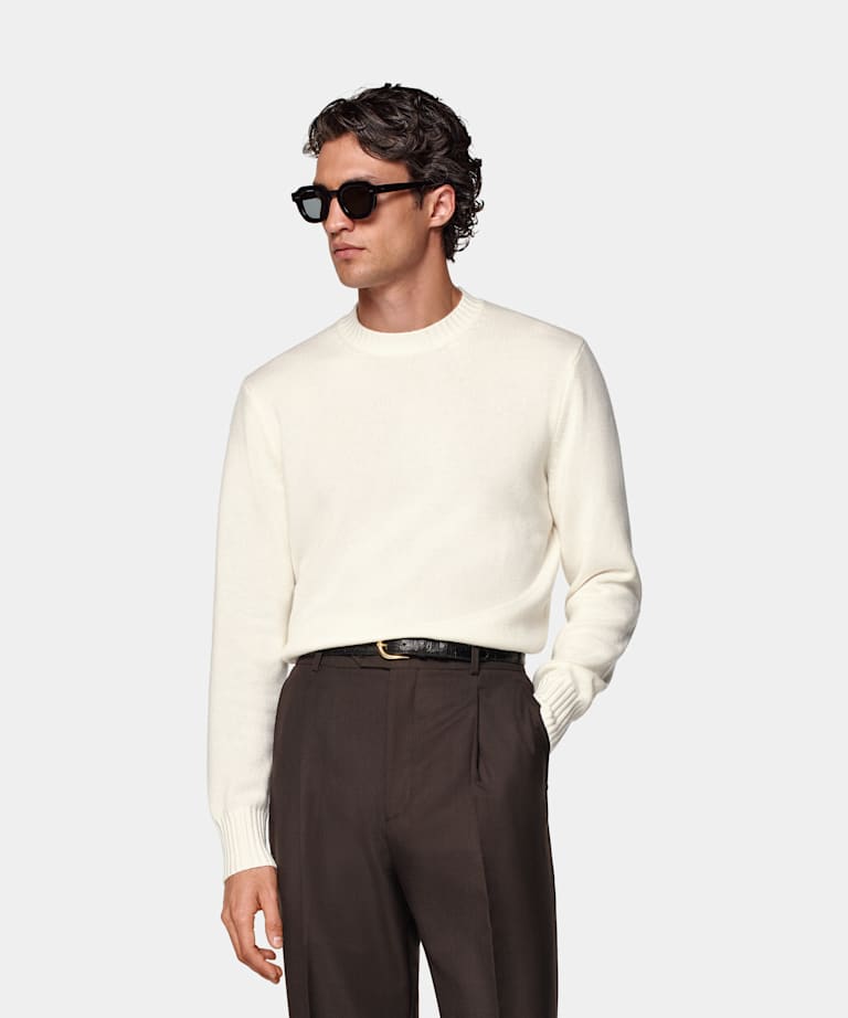 SUITSUPPLY Pur cachemire mongol Pull col rond blanc cassé