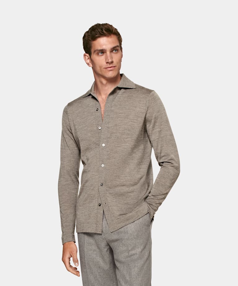 SUITSUPPLY Pure laine Cardigan col polo à manches longues Merino taupe