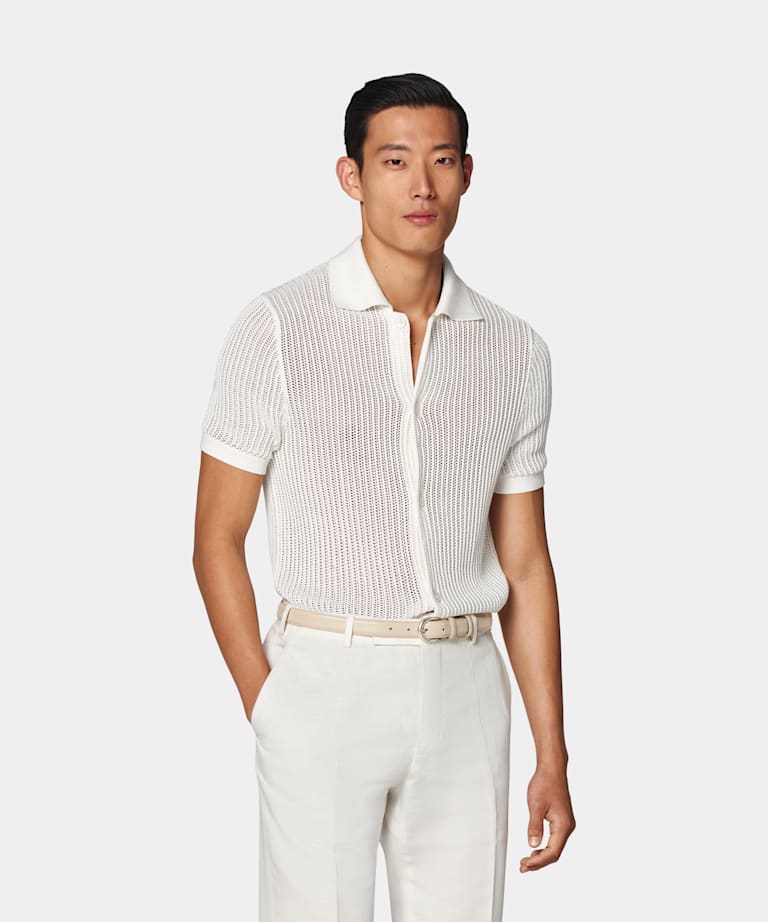 SUITSUPPLY Californian Cotton & Mulberry Silk Off-White Crochet Polo Cardigan