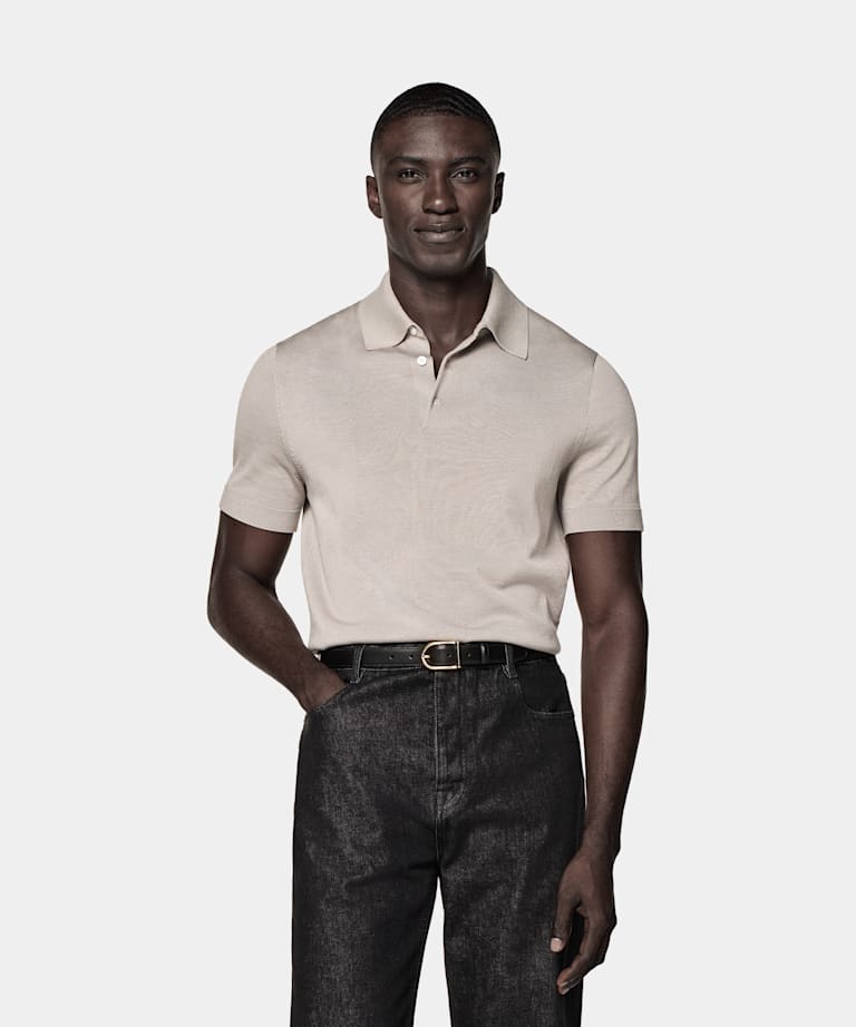 SUITSUPPLY Californian Cotton & Mulberry Silk Light Taupe Polo