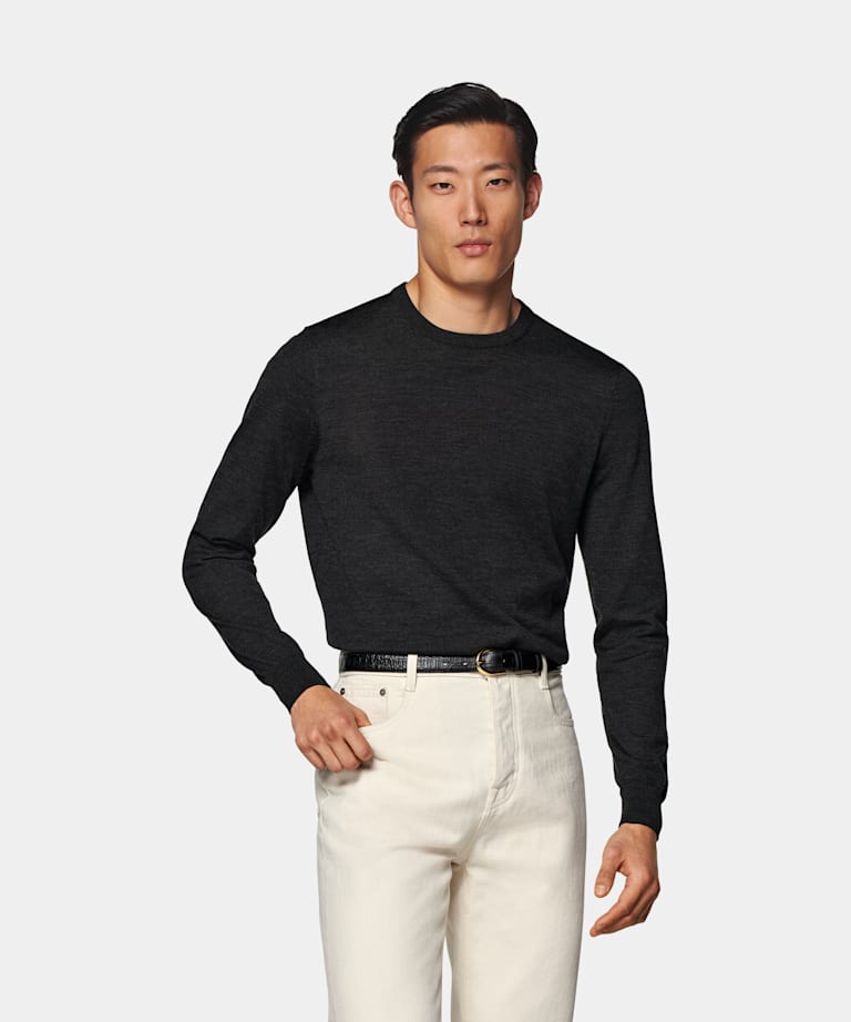 SUITSUPPLY Czysta wełna Sweter crewneck merino ciemnoszary