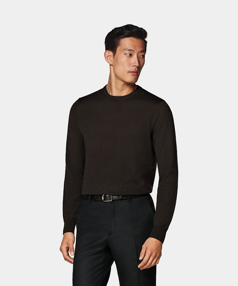 SUITSUPPLY Czysta wełna Sweter crewneck merino ciemnobrązowy