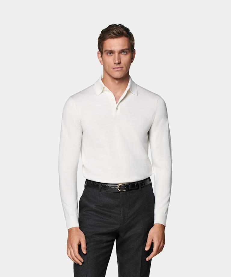SUITSUPPLY Pure Wool Off-White Merino Long Sleeve Polo