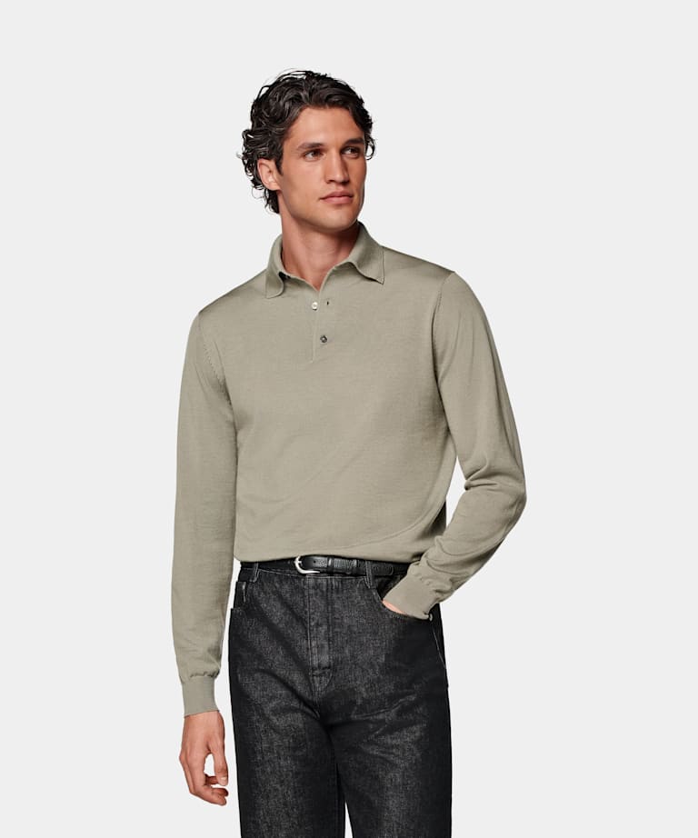 SUITSUPPLY Pure Wool Light Green Merino Long Sleeve Polo