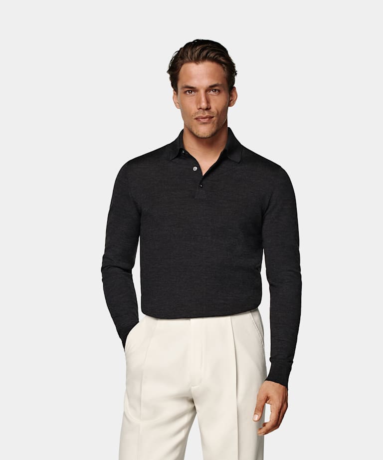 SUITSUPPLY Pure Wool Dark Grey Merino Long Sleeve Polo