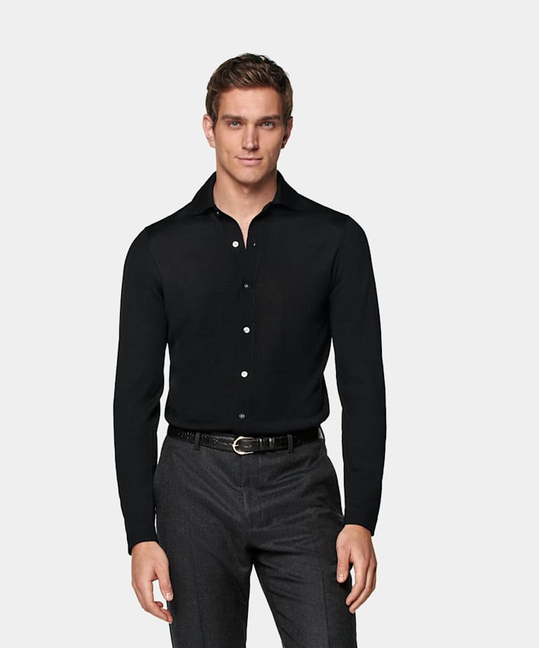 SUITSUPPLY Pure Wool Black Merino Long Sleeve Polo Cardigan