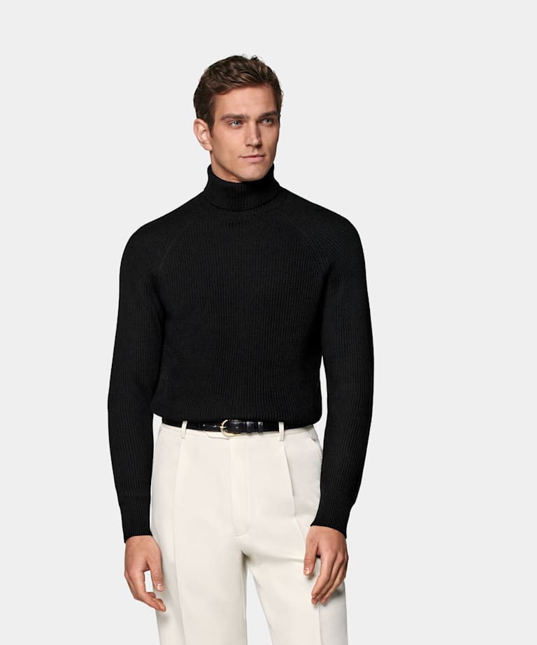 SUITSUPPLY Ren ull Ribbad svart polotröja i merino