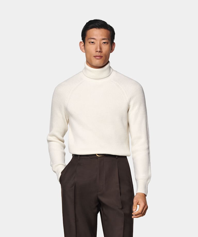 SUITSUPPLY Pure Schurwolle Merino Rollkragenpullover off-white Rippstrick