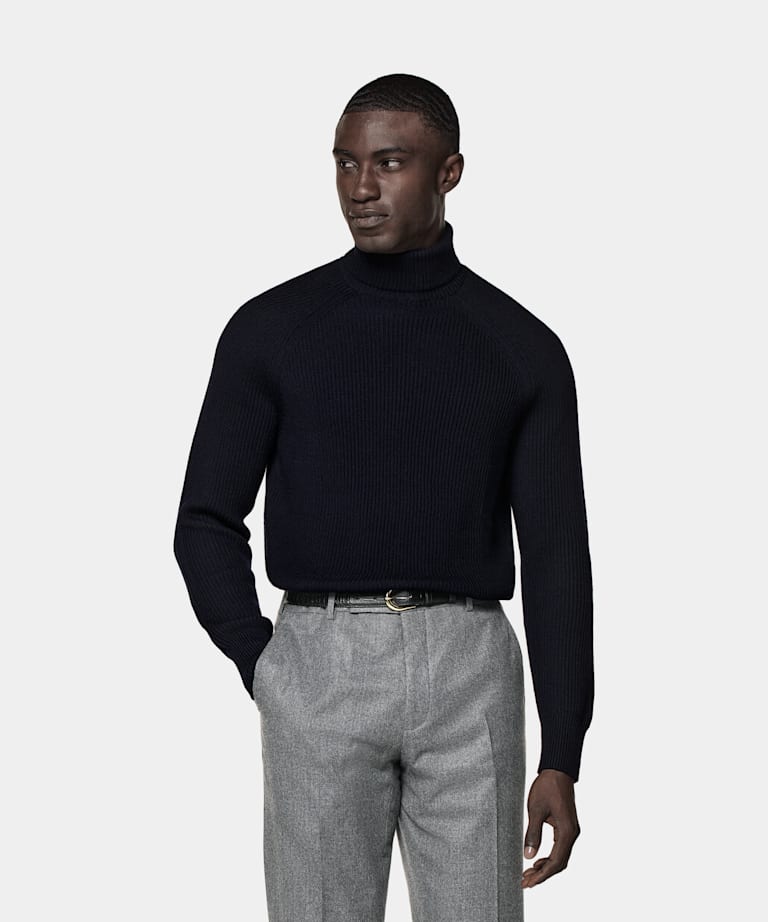 SUITSUPPLY Pure Wool Navy Merino Ribbed Turtleneck