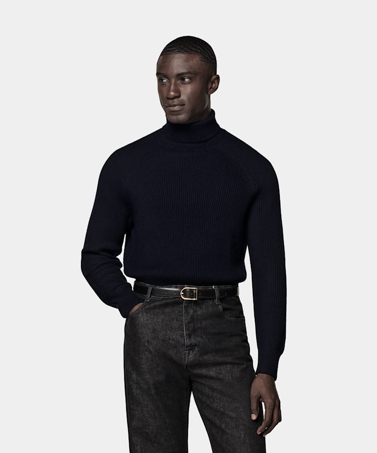 SUITSUPPLY Pure Schurwolle Merino Rollkragenpullover navy Rippstrick