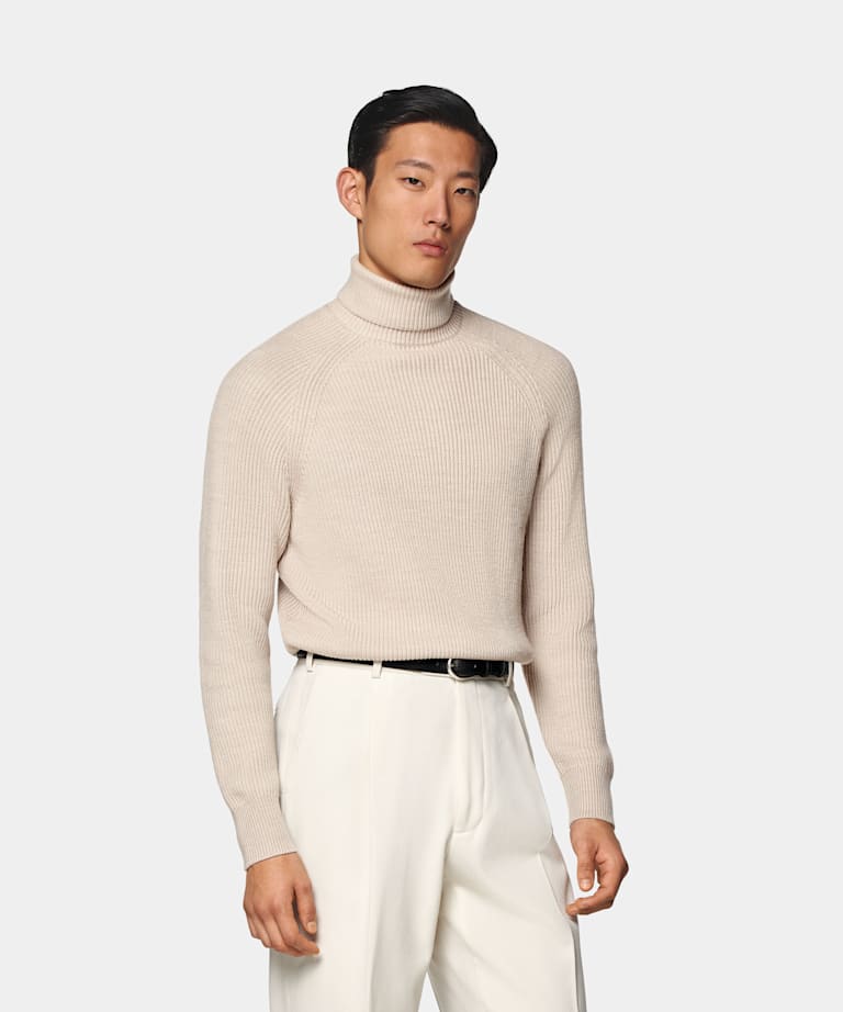 SUITSUPPLY Pure Wool Sand Merino Ribbed Turtleneck