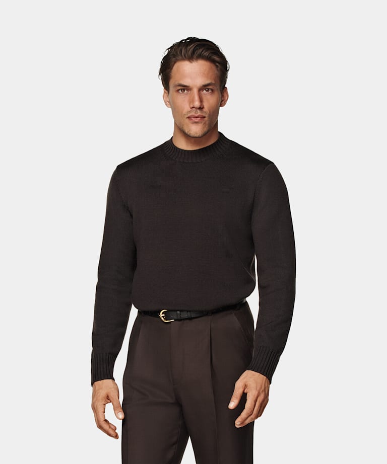 SUITSUPPLY Czysta wełna Sweter crewneck merino ciemnobrązowy