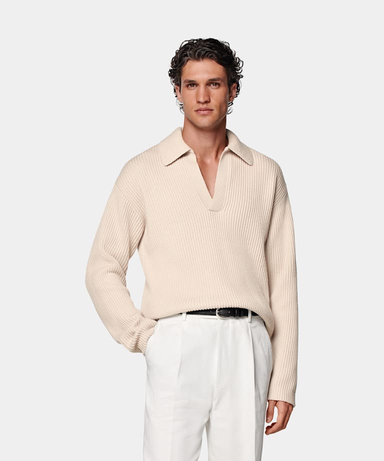 Sand Ribbed Long Sleeve Buttonless Polo