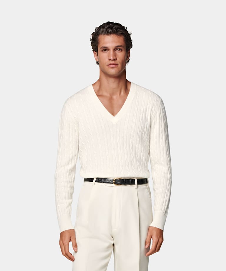 SUITSUPPLY Pure Mongolian Cashmere Off-White Cable V-Neck