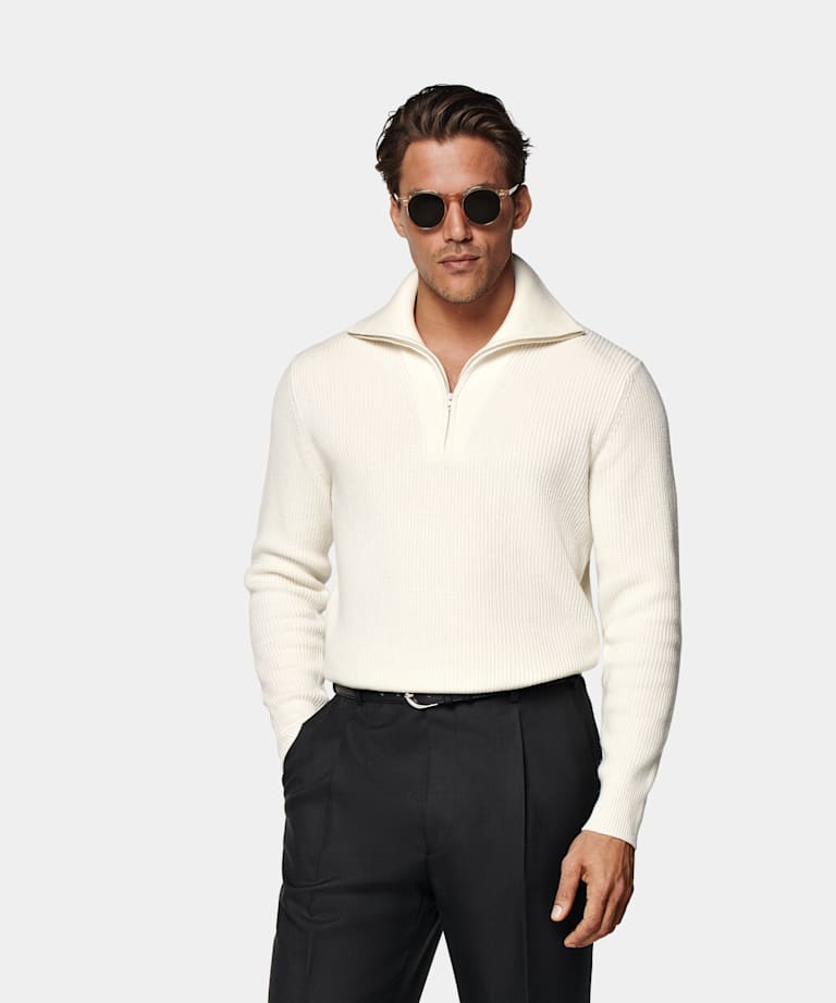 SUITSUPPLY Schurwolle und Cashmere Off-White Rippstrick halber Reißverschluss