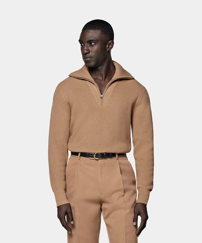 SUITSUPPLY Lana e cashmere Maglione marrone a coste con mezza zip