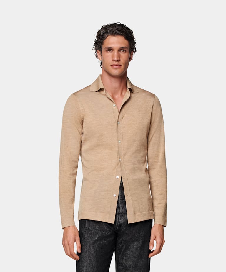 SUITSUPPLY Pure Wool Mid Brown Merino Long Sleeve Polo Cardigan