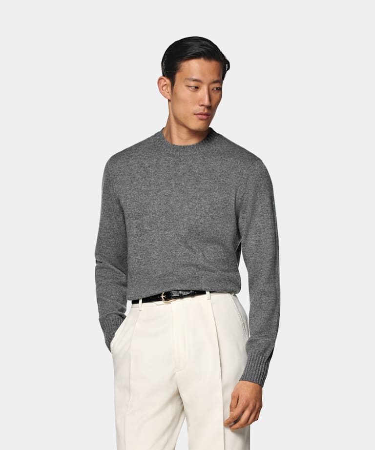 SUITSUPPLY Czysty mongolski kaszmir Sweter crewneck szary