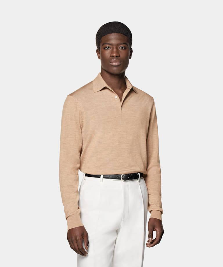 SUITSUPPLY Pure Wool Mid Brown Merino Long Sleeve Polo
