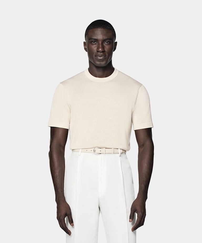 SUITSUPPLY Californian Cotton & Mulberry Silk Sand Short Sleeve Crewneck