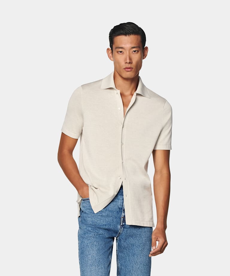 SUITSUPPLY Bomull, silke Sandf&auml;rgad cardigan med pik&eacute;krage