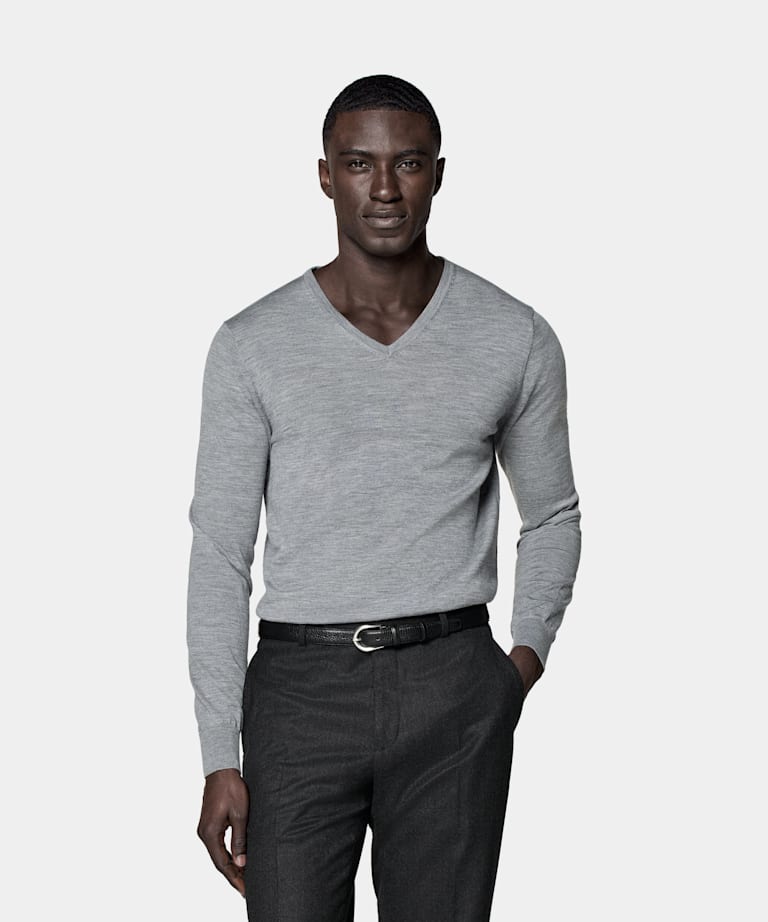 SUITSUPPLY Pure Schurwolle Merino Pullover grau V-Ausschnitt