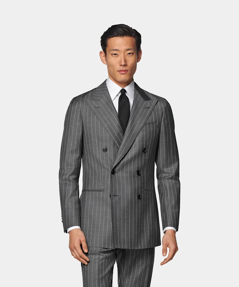 SUITSUPPLY All Season Pure S110's Wool by Vitale Barberis Canonico, Italy Mid Grey Striped Custom Made Suit