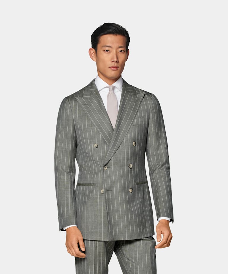 SUITSUPPLY Wool Silk Linen by E.Thomas, Italy Light Green Striped Tailored Fit Havana Suit