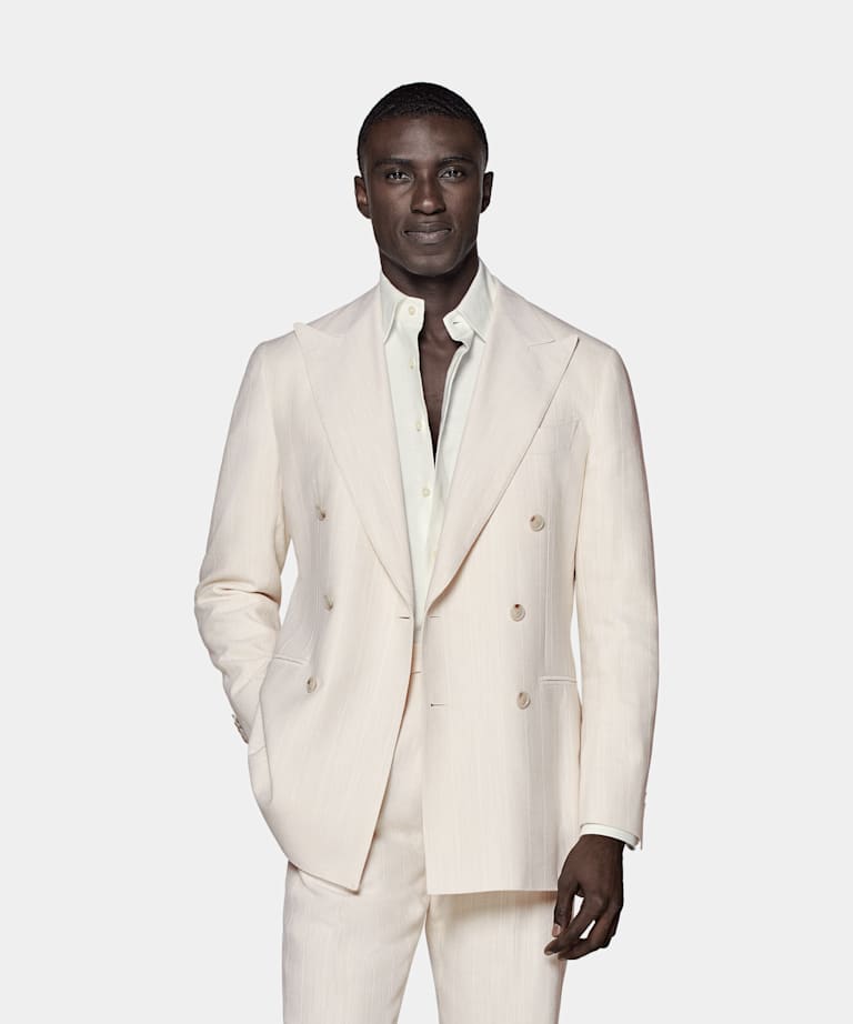 SUITSUPPLY Silk Linen Cotton Polyamide by Ferla, Italy Off-White Striped Havana Suit