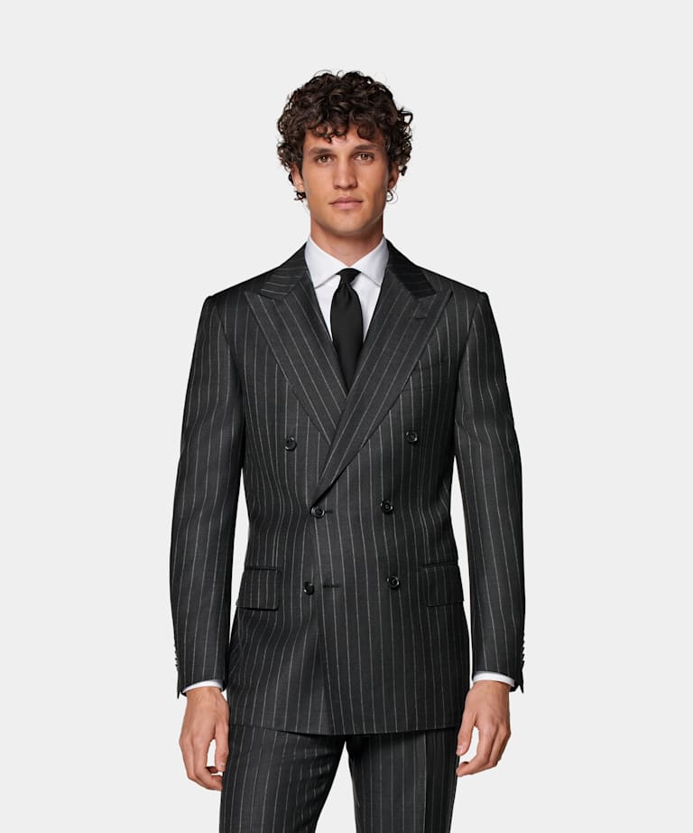 SUITSUPPLY Pure S130's Wool by Delfino, Italy Dark Grey Striped Milano Suit