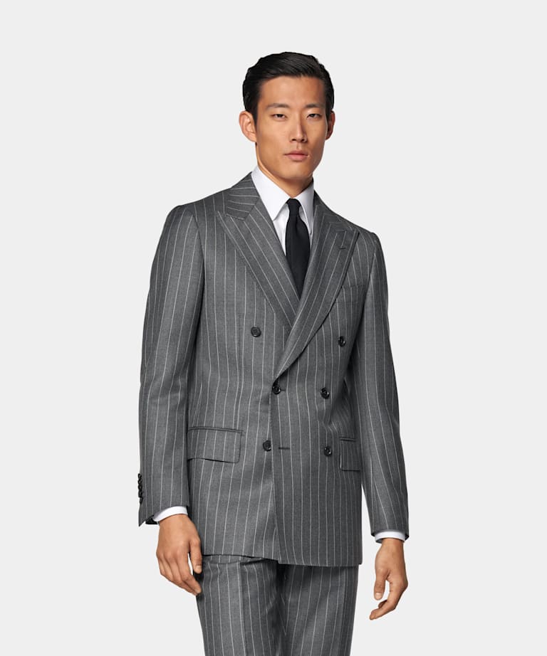 SUITSUPPLY All Season Pure Wool by Vitale Barberis Canonico, Italy Mid Grey Striped Tailored Fit Milano Suit