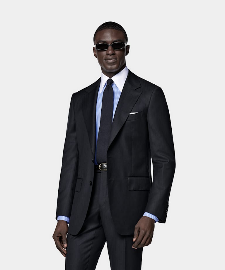 SUITSUPPLY All Season Pure S130's Wool by E.Thomas, Italy Navy Striped Tailored Fit Milano Suit