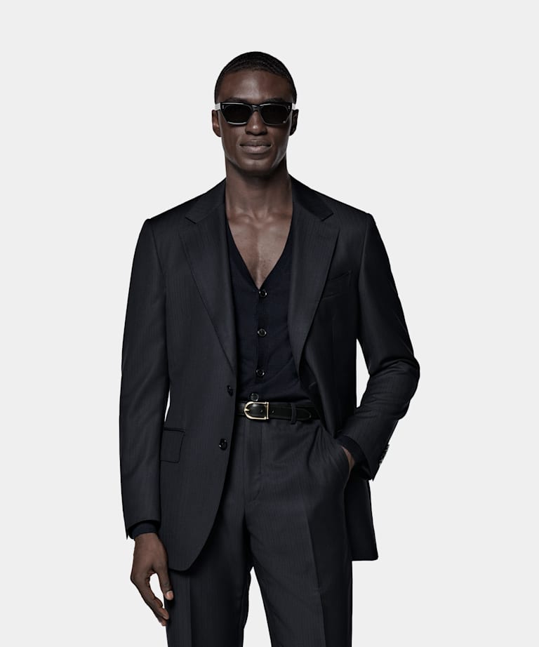 SUITSUPPLY All Season Pure S130's Wool by E.Thomas, Italy Navy Striped Tailored Fit Milano Suit
