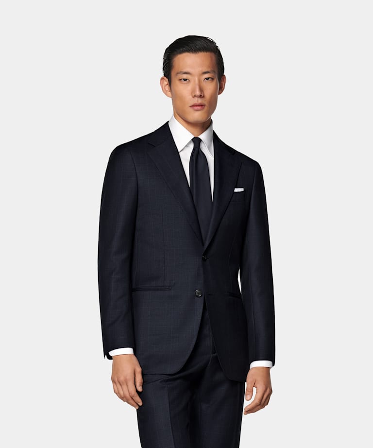 SUITSUPPLY All Season Pure Traveller Wool by Lanificio Ermenegildo Zegna, Italy Navy Checked Tailored Fit Havana Suit
