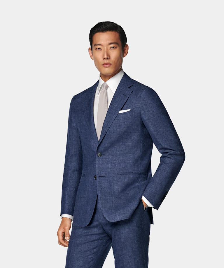 SUITSUPPLY Summer Wool Silk Linen by E.Thomas, Italy Mid Blue Tailored Fit Havana Suit
