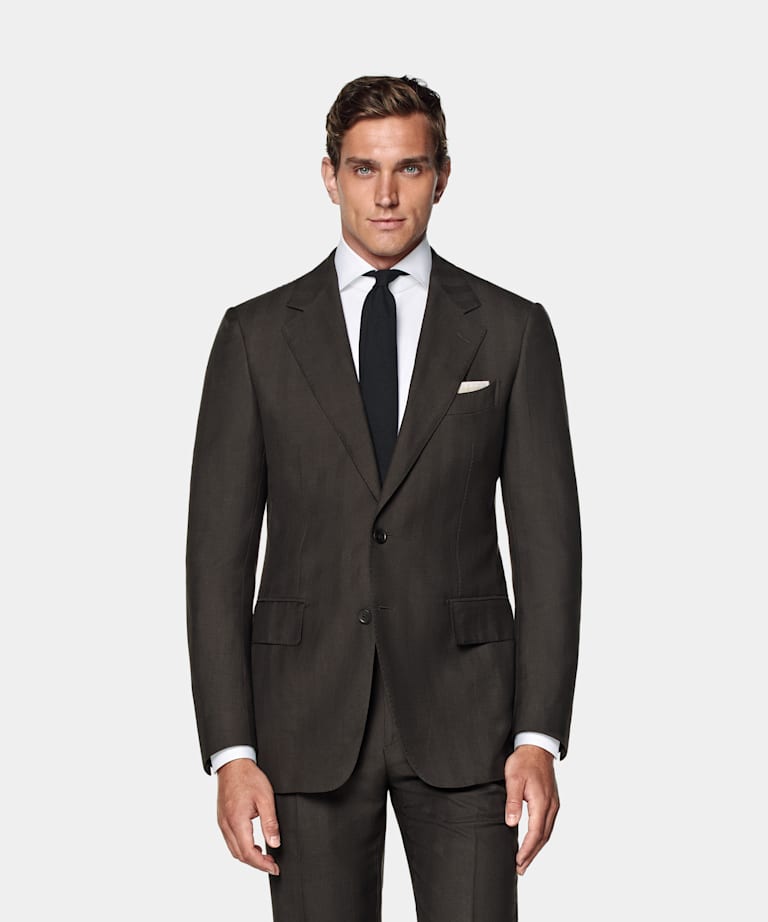 SUITSUPPLY Summer Wool Silk Linen by Rogna, Italy Dark Brown Herringbone Tailored Fit Milano Suit