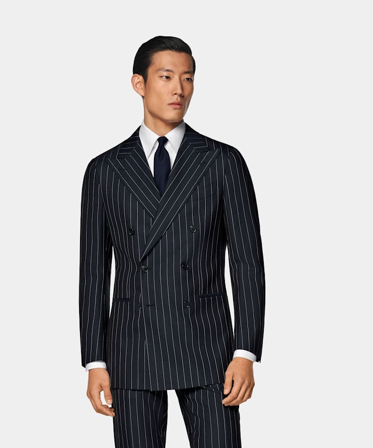 SUITSUPPLY All Season Pura lana S130s de Corrado, Italia Traje Havana azul marino a rayas corte Tailored